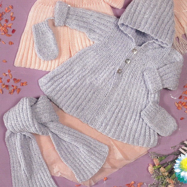 Modèles de tricot PDF - Manteau à capuche pour bébé lutin avec écharpe et mitaines côtelées, 16" à 24". Téléchargement instantané, langue anglaise.