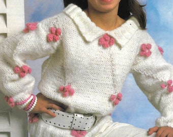 PDF Knitting Pattern - Chunky - Girls Thick Warm Jumper, Girls Chunky Jumper /with Collar and Bobbles 26 to 32 chest English Language