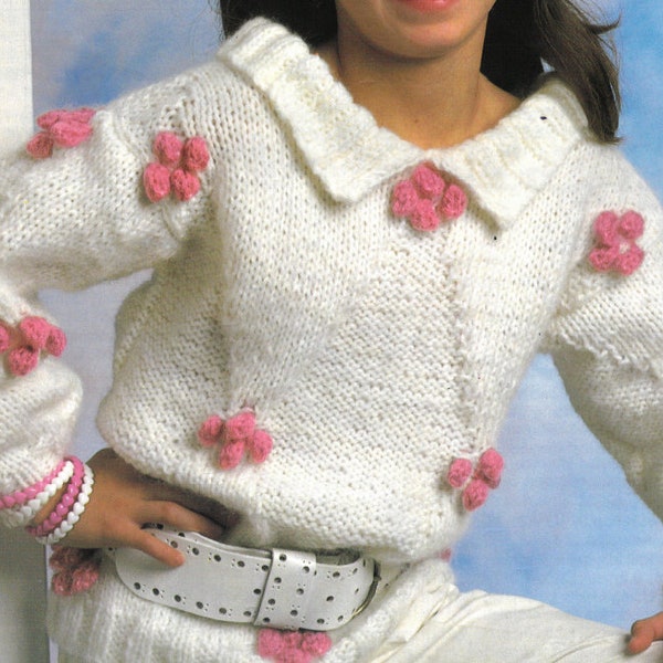 PDF Knitting Pattern - Chunky - Girls Thick Warm Jumper, Girls Chunky Jumper /with Collar and Bobbles 26 to 32 chest English Language