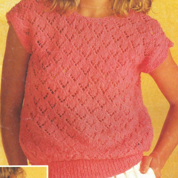 PDF Knitting Pattern - Ladies DK Lacy Summer Short Sleeved top, low cut back summer top 30 chest to 38. Instant Download. English Language