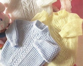 Patrón de tejer PDF - Jerséis de cuello redondo para bebé DK, 3 diseños diferentes. Tamaños de 16" a 22". Idioma en Inglés. Descarga instantánea