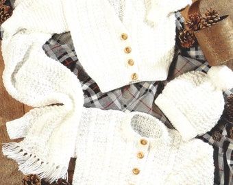 PDF Knitting Pattern - DK Baby Round Necked Cardigans, V Necked Cardigan with Matching Hat and Scarf.  Sizes 18" to 26". Instant Download