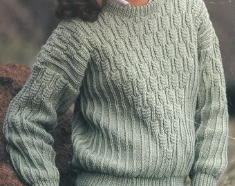 PDF Knitting Pattern - Aran - Ladies Aran Round Necked Jumper, Wheat Effect Design, Knitted in 6 sizes 30" to 40" chest English Language