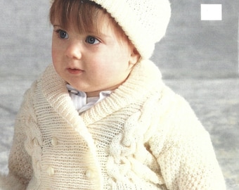 PDF Knitting Pattern - DK Baby / Toddler cross over V necked cardigan / Jacket with matching Hat. Sizes 18" to 26".  Instant Download