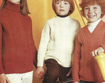 PDF Knitting Pattern - DK - Boys, Girls Round, V Necked and Polo Necked Jumper with Cable Panels. Sizes 28" to 32" Instant Download