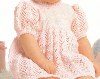 PDF Knitting Patterns - Baby dress with short puff sleeves and round neck, 16" to 20". Instant Download, English Language.