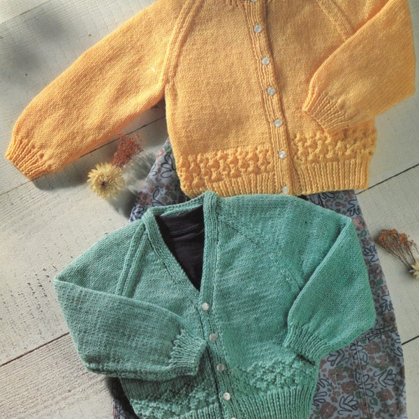 PDF Knitting Pattern - DK - Baby Toddler Raglan Sleeve V necked Cardigan Round Necked Cardigan 16" to 22" Chest English Language