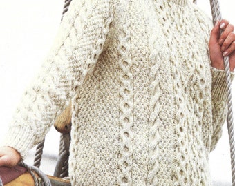 PDF Knitting Pattern - Aran - Ladies / Girl Aran Round Necked Cable Jumper with Raglan Sleeves.  Sizes 30" to 42" chest Instant Download