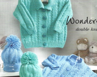 PDF Knitting Pattern - DK - Baby / Toddler Round Necked Cardigan, Collared Jacket with matching Hats. Sizes 12" to 22".  Instant Download