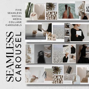 May include: A collage of images arranged in a seamless carousel design. The images feature a variety of lifestyle scenes, including beach, fashion, and coffee. Text on the left side reads "FIVE SEAMLESS SOCIAL MEDIA COLLAGE CAROUSELS" and "SEAMLESS CAROUSEL".