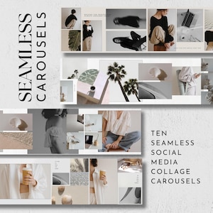 May include: A collage of images with the text "Seamless Carousels" and "Ten Seamless Social Media Collage Carousels". The images feature lifestyle and product photography in neutral tones, including palm trees, shells, and people.