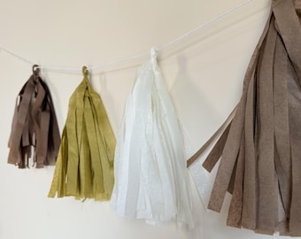 Neutral Tissue Paper Tassel Garland, Brown, Gold, White