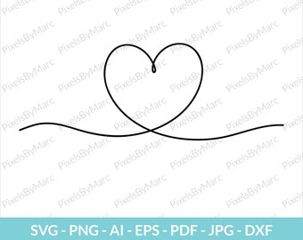 Disegno continuo di un cuore con una linea, Cuore fatto di una linea, Linea del cuore, Cuore disegnato a mano, Cuore SVG, PNG, EPS, Dxf, Download istantaneo, Cuore