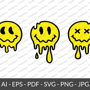 Set of 3 Melting Smiley, Set Of Dripping Smiley Faces, Retro Style Smiley Face Dripping, Digital Download, SVG, PNG, EPS, Stickers Smiley.