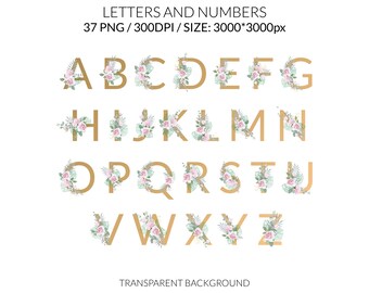 Floral Alphabet Clipart Set – Botanical Letters & Numbers PNG, Transparent Background, Wedding Clipart, Floral Monogram Art