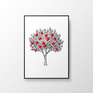 Pomegranate Tree Illustration Poster | Digital Download | Printable Wall Art | Fruit Tree Drawing | Botanical Art Print | Instant Download