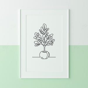 Pu&ograve; includere: Un disegno in bianco e nero di una pianta in vaso con foglie in una cornice bianca su uno sfondo bianco e verde chiaro.