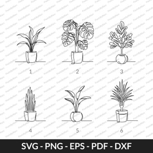 May include: Six line drawings of potted plants. Each plant is drawn in a simple, minimalist style. The plants are labelled with numbers 1 through 6.