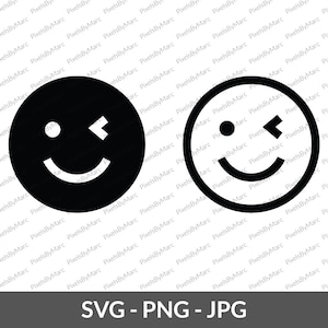 Download digitale di emoji occhiolino in formato SVG, PNG e JPG, clipart di faccina sorridente che fa l'occhiolino, emoji felice vettoriale, download immediato, adesivo stampabile