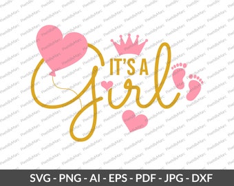 Download digitale di "È una bambina", annuncio di nascita, baby shower per bambine, "È una bambina" in formato SVG, PNG, EPS, DXF, PDF. Download immediato per rivelare il sesso del bambino.