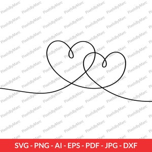 Puede incluir: Un dibujo en blanco y negro de dos corazones entrelazados. Los corazones están dibujados en una sola línea continua, creando un diseño simple y elegante.