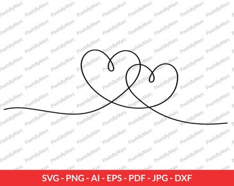 Continuous one line drawing with two hearts, Hearts made with a line, Hand Drawn Heart, Heart SVG, PNG, EPS, Dxf, Instant Download, Heart