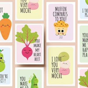 Lot de 6 cartes de jeux de mots, cartes de voeux imprimables, citations de nourriture mignonne, téléchargement immédiat, cadeau pour enfants, lui et elle, cartes numériques