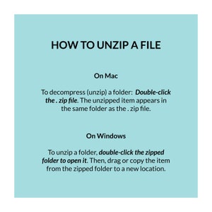 Pu&ograve; includere: Uno sfondo blu chiaro con testo nero che spiega come decomprimere un file sui sistemi operativi Mac e Windows. Il testo spiega che su Mac &egrave; necessario fare doppio clic sul file zip e su Windows sulla cartella zippata.