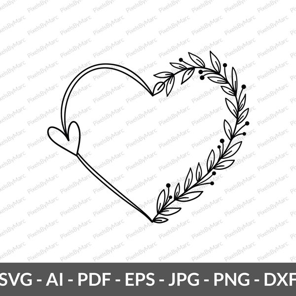 Hand Drawn Floral Heart Frame, Digital Download, Doodle Heart, Laurel Heart Wreath, Wedding Invitation, Ornament Heart Frame, Love Frame.