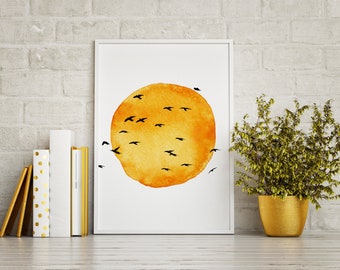 Flying Birds at Sunset Poster | Sun & Birds Wall Art | Printable Digital Download | Boho Nature Print | Minimalist Decor