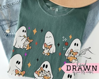 Corgi and Retro Ghost Comfort Colors T-Shirts,Dog Halloween Shirt,Dog Mom Gift,Fall Dog Shirt,Halloween Ghost Dog Shirt,Spooky Dog Shirt