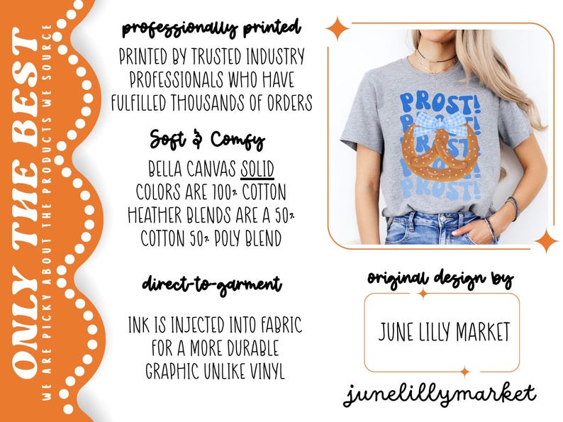 May include: A heather gray t-shirt with a pretzel graphic and the word "PROST!" in blue. The design includes a blue and white bow. The shirt is a Bella Canvas blend.