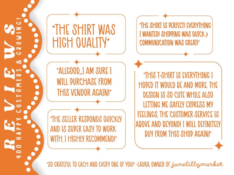 May include: Orange and white graphic with customer reviews. Text includes phrases like "high quality," "will purchase again," and "customer service is above and beyond." The image also includes the text "400 happy customers & growing!"