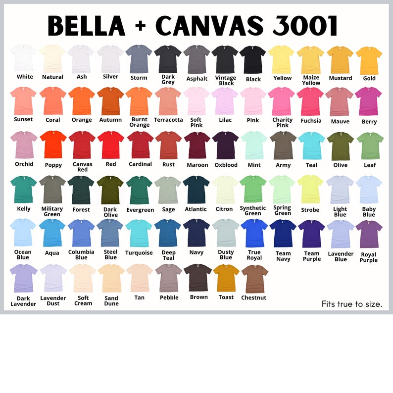 May include: A color chart of Bella + Canvas 3001 t-shirts. The chart shows 50 different colors of t-shirts, including white, black, red, blue, green, yellow, orange, pink, purple, and brown. The chart is labeled with the color name for each t-shirt.