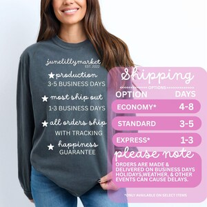 May include: Dark gray sweatshirt with white text: "junelillymarket EST. 2022" and bullet points about production and shipping. The sweatshirt has long sleeves and a crew neck.
