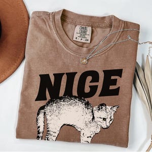 May include: A brown t-shirt with the word "NICE" in large black letters and a cream-colored cat graphic. The shirt has a crew neck and a small tag. A silver necklace with a pendant is draped across the shirt.