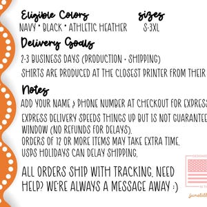 May include: An orange and white graphic with text detailing shirt colors, sizes, and delivery goals. The text includes "Eligible Colors," "Delivery Goals," and "Notes." The image also features a small American flag graphic.