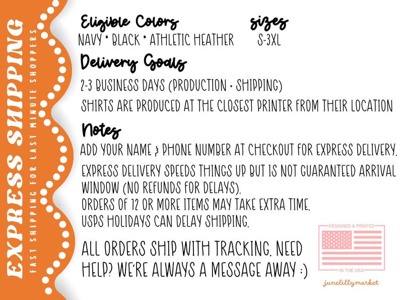 May include: An orange and white graphic with text detailing shirt colors, sizes, and delivery goals. The text includes "Eligible Colors," "Delivery Goals," and "Notes." The image also features a small American flag graphic.