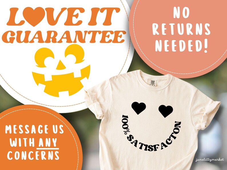 May include: Cream-colored t-shirt with a smiley face design. The eyes are black hearts, and the mouth is formed by the words "100% SATISFACTION". The shirt is part of a collection with a Halloween theme, as indicated by the pumpkin graphic.
