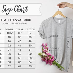 May include: Size chart for Bella + Canvas 3001 unisex jersey t-shirts. The chart shows sizes XS to 5XL with corresponding width, chest, and length measurements in inches.