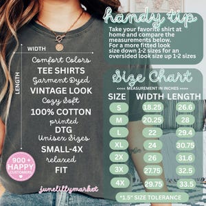 May include: A dark gray t-shirt with a size chart and text that reads "Comfort Colors Tee Shirts, Garment Dyed, Vintage Look, Cozy Soft, 100% Cotton, printed, DTG, Unisex Sizes, SMALL-4X, relaxed FIT". The size chart shows measurements in inches.