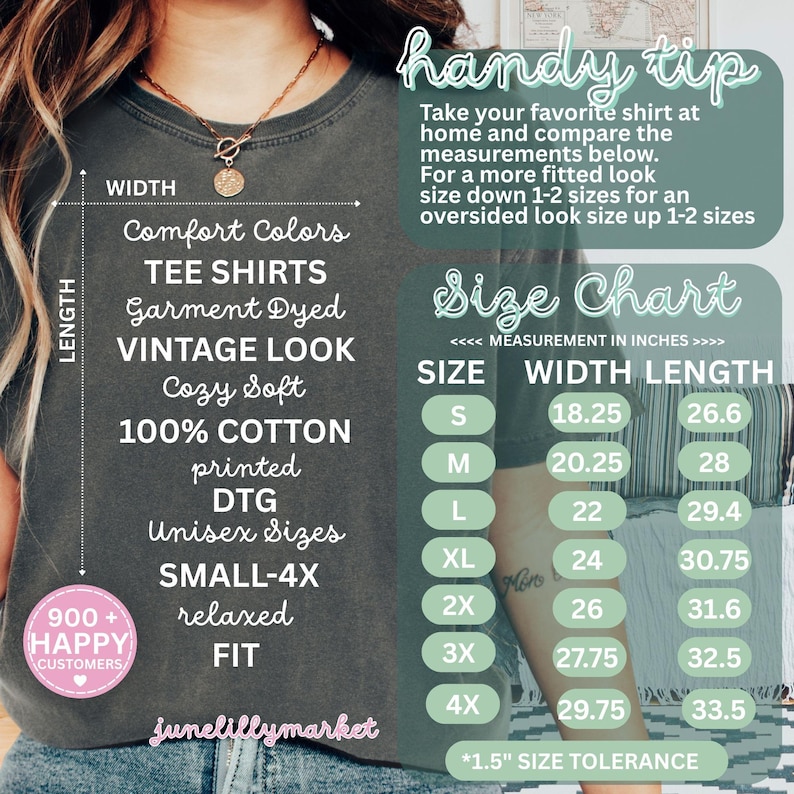 May include: A dark gray t-shirt with a size chart and text that reads "Comfort Colors Tee Shirts, Garment Dyed, Vintage Look, Cozy Soft, 100% Cotton, printed, DTG, Unisex Sizes, SMALL-4X, relaxed FIT". The size chart shows measurements in inches.
