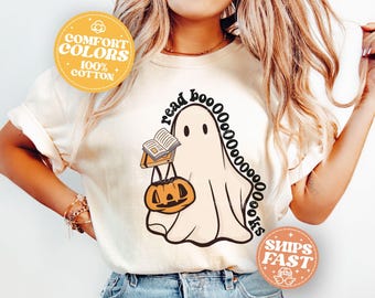 Comfort Colors Ghost Reading Shirt,Halloween Library Shirt,Retro Halloween Teacher T-shirt,Librarian Halloween,Ghost Girly Halloween Gift