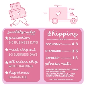 May include: Pink graphic with illustrations of a person carrying boxes and a delivery truck, both with heart symbols. Text includes "junelillymarket EST. 2022" and details about production and shipping times.