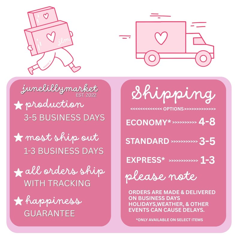 May include: Pink graphic with illustrations of a person carrying boxes and a delivery truck, both with heart symbols. Text includes "junelillymarket EST. 2022" and details about production and shipping times.