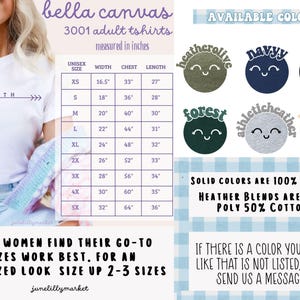 May include: White Bella Canvas 3001 adult t-shirt with a size chart and color options. The chart shows measurements in inches for unisex sizes XS to 5X. Available colors include heather olive, navy, black, forest, athletic heather, and natural.