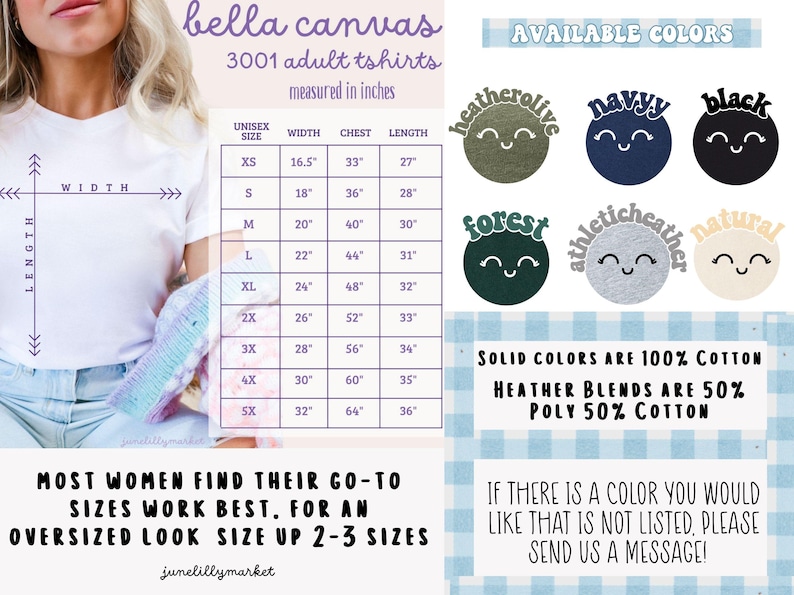 May include: White Bella Canvas 3001 adult t-shirt with a size chart and color options. The chart shows measurements in inches for unisex sizes XS to 5X. Available colors include heather olive, navy, black, forest, athletic heather, and natural.