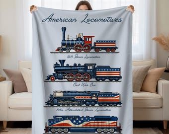 Gobelin z amerykańskimi lokomotywami | Sztuka kolejowa w stylu vintage, patriotyczna dekoracja pociągu