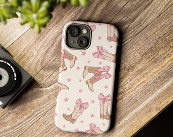 Etui na telefon z kowbojskimi butami Coquette, w różowe gwiazdki