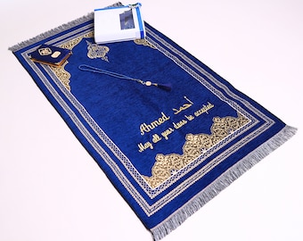 Personalized Chenille Prayer Mat Gift Set, Quran, Tasbeeh, Ramadan Favors, Eid Gifts for Him